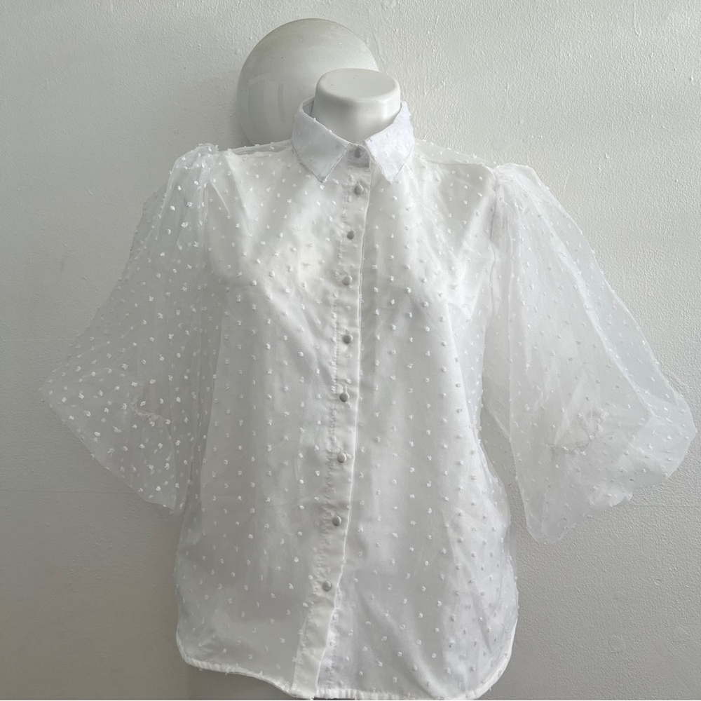 ZARA Elegant White Sheer Polka Dot Blouse TOP LARGE - Picture 6 of 11